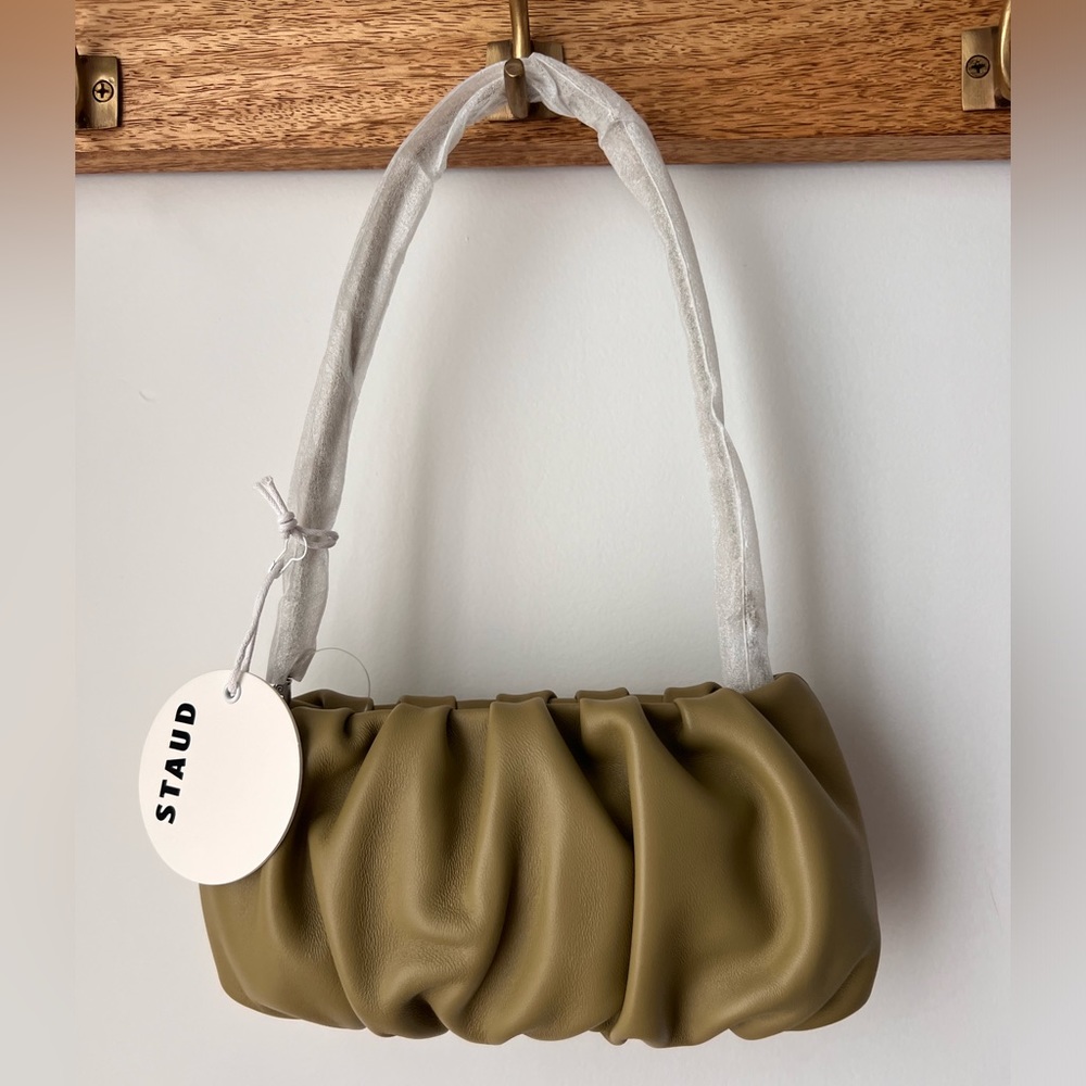 STAUD Ruched Bean Baguette convertible Clutch Bag in Khaki